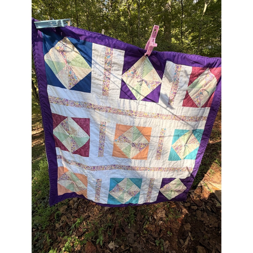 Handmade Fall Throw Quilt Scrappy Pinwheel Pattern Purple Teal 40x37 Cotton